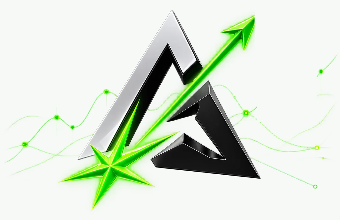 The PeakFlint mark rendered in three dimensions, with a green growth arrow rising through it over faint performance curves.